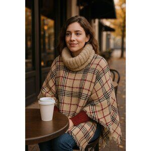 time and tru Cozy Plaid Fringe Poncho XL Cowl Neck Tartan Blanket Wrap Boho Fall